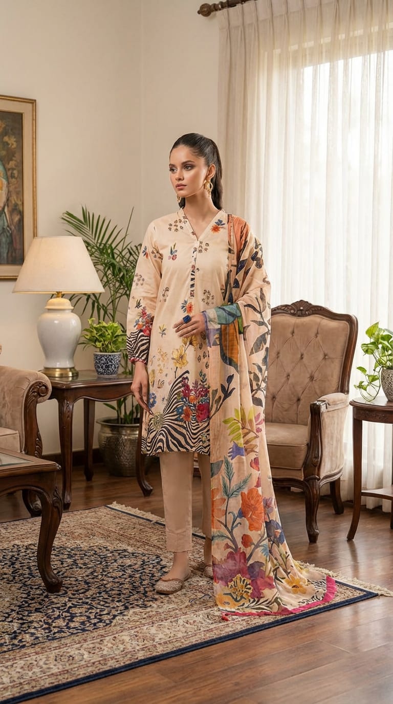 Ghania brand Ladies 3 Piece Lawn Suit – Unstitched – Summer Collection