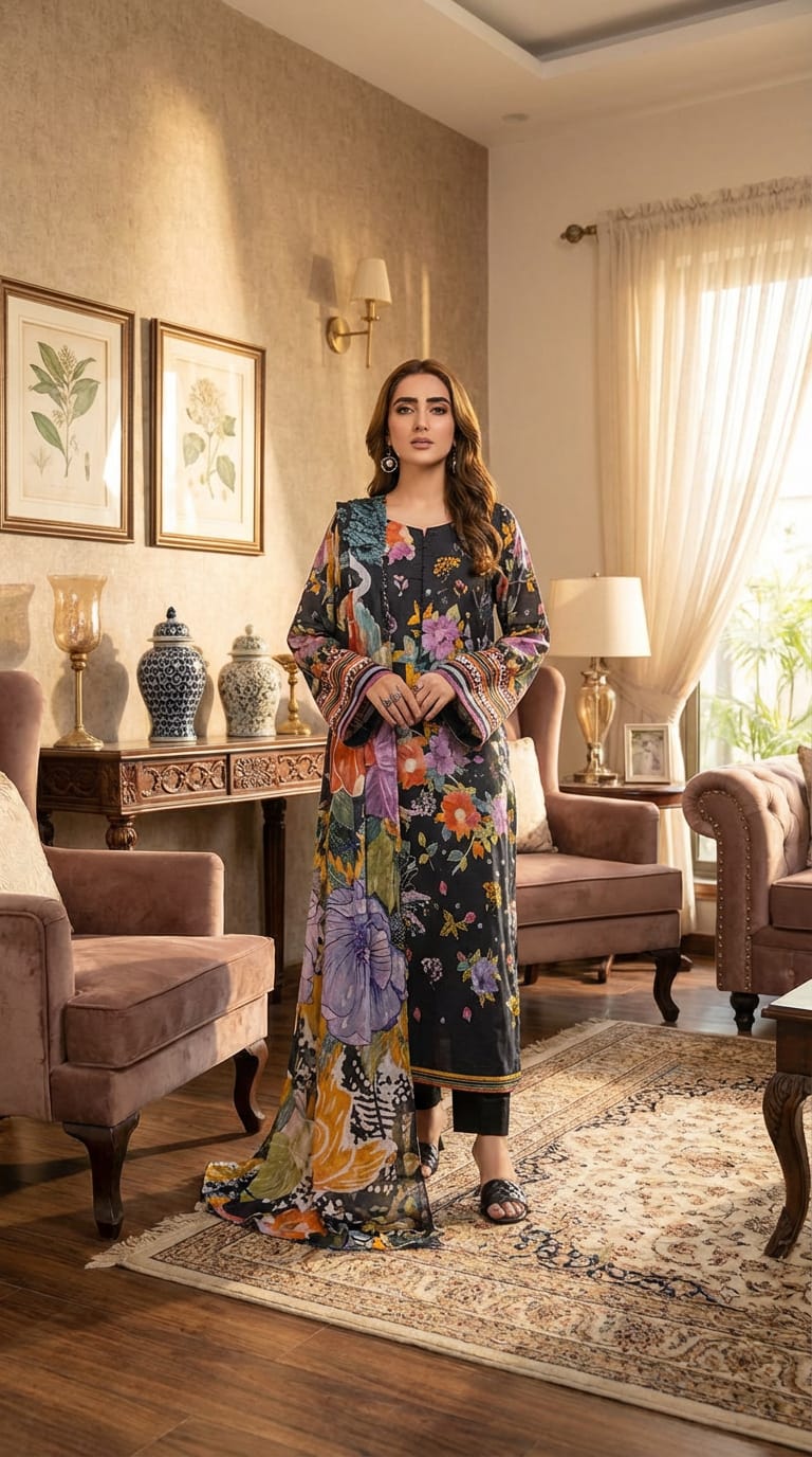 Ghania brand Ladies 3 Piece Lawn Suit – Unstitched – Summer Collection