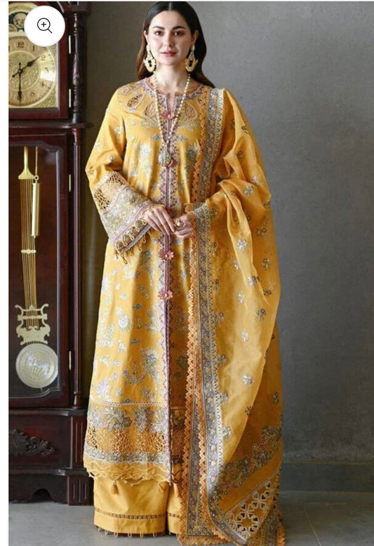 QALAMKAR LUXURY LAWN UNSTITCHED 3PC WITH ORGANZA DUPATTA