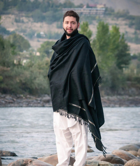 BLACK SWATI PASHMINA WOOLEN SHAWL FOR MEN LIGHT-WEIGHT